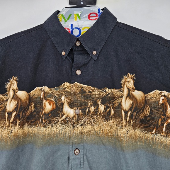Bit & Bridle Shirt Mens Large Black Gray Western Horses Button Down Long Sleeve - Picture 2 of 9